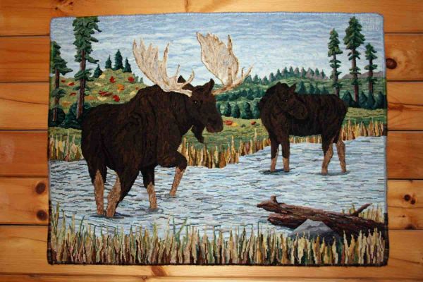 Moose Rug
Elizabeth Black designed this rug.
Gail Dufresne dyed most of the wool.
I worked on it in classes with Elizabeth and Gail, Norma Batastini and Jen Lavoie.
It is all No. 3 cut and is ~ 40 by 30 Inches.
